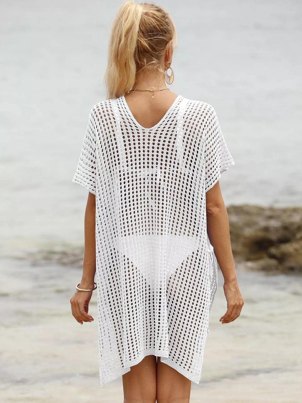 Openwork V-Neck Slit Cover-Up - Lilixa.store