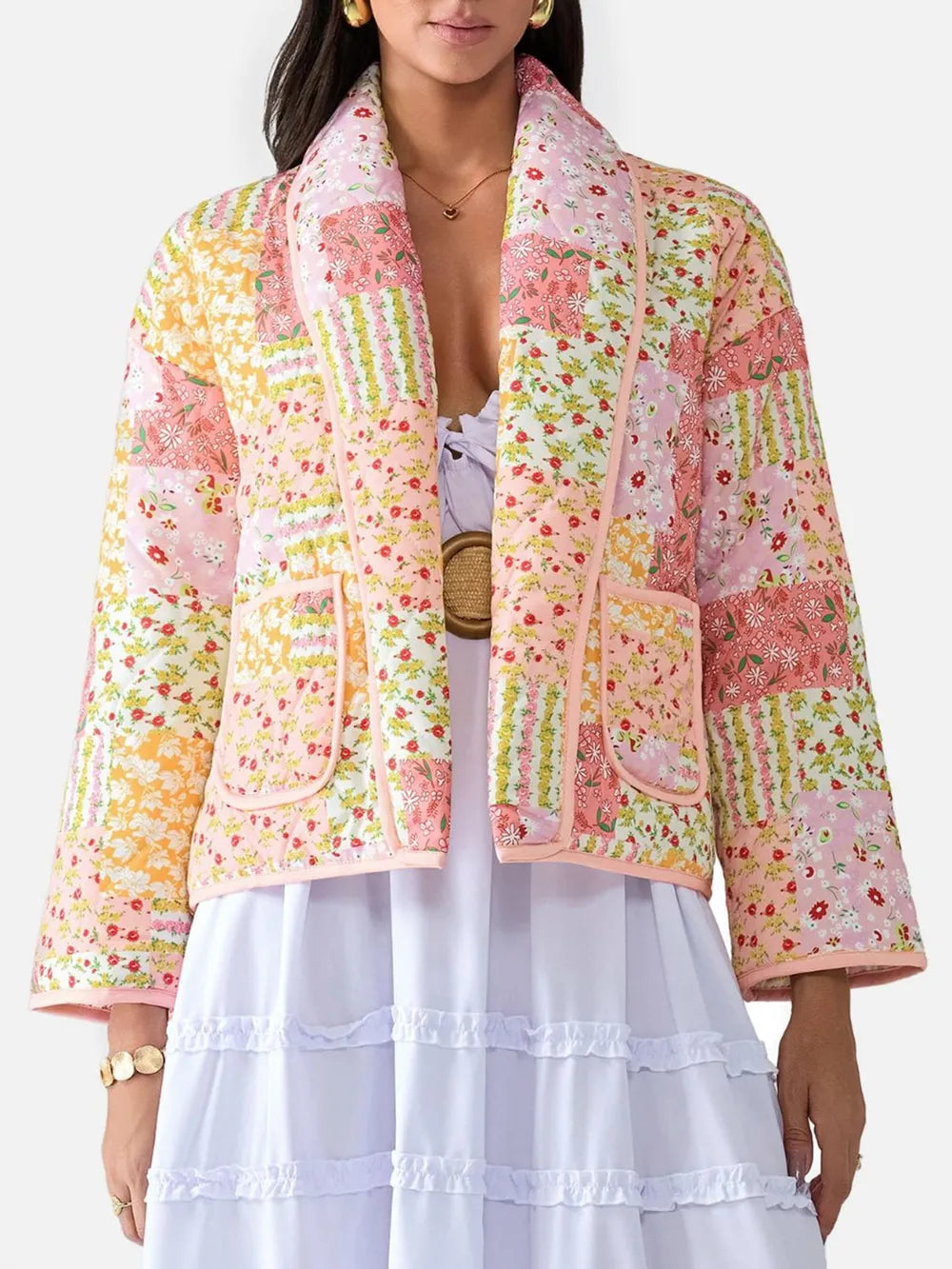Printed Patchwork Open Front Cardigan with Pockets in Watermelon pink