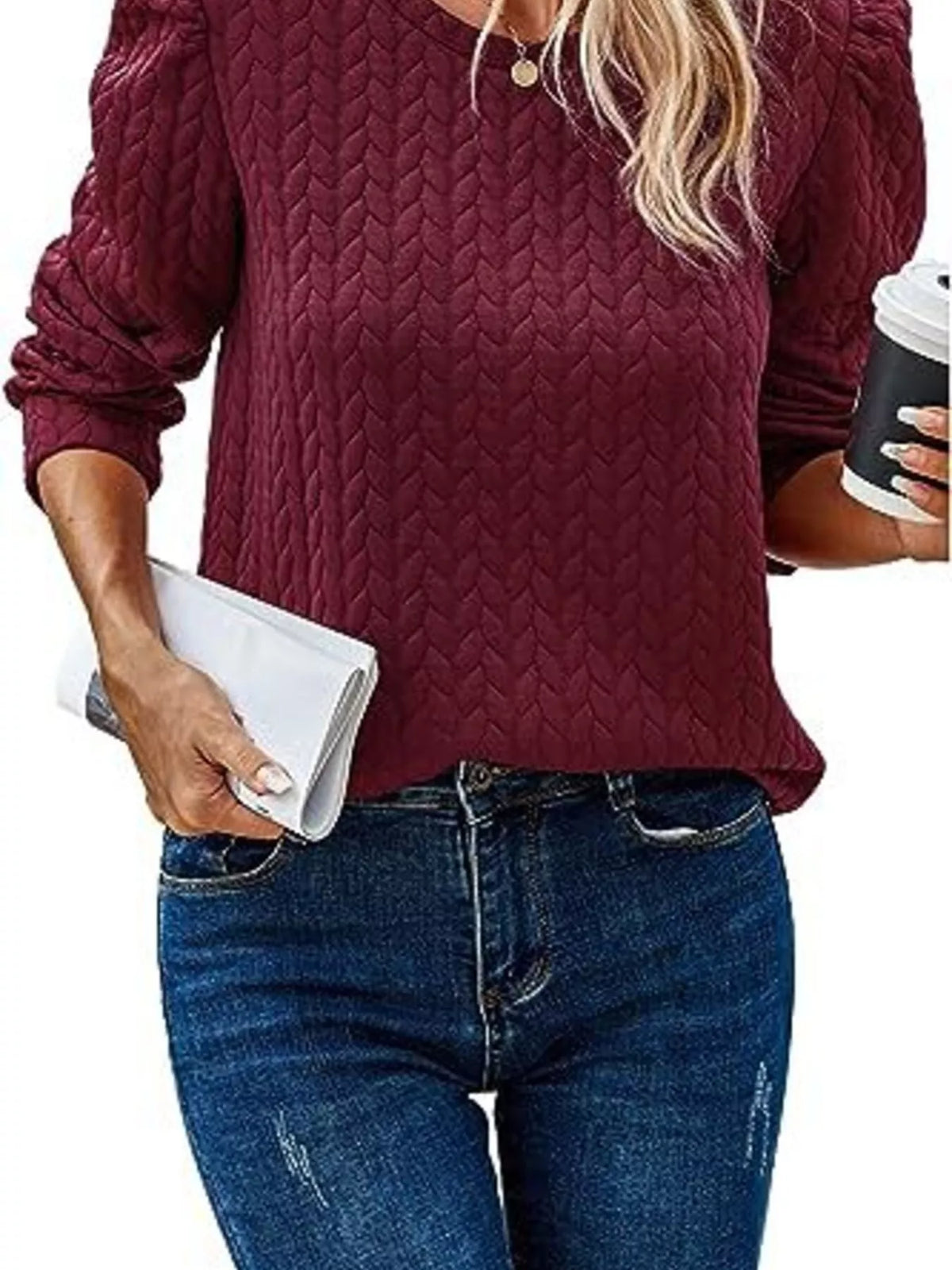 Texture Round Neck Long Sleeve Sweatshirt - Lilixa.store
