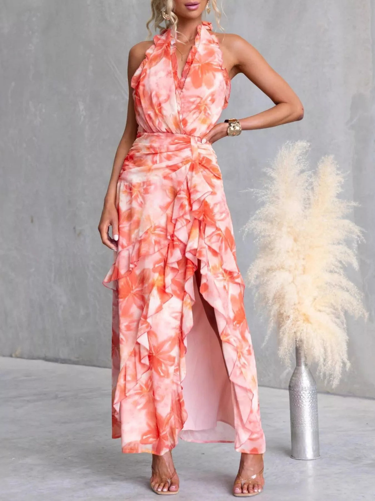 Floral Print Ruffle Halter Neck Maxi Dress - Lilixa.store