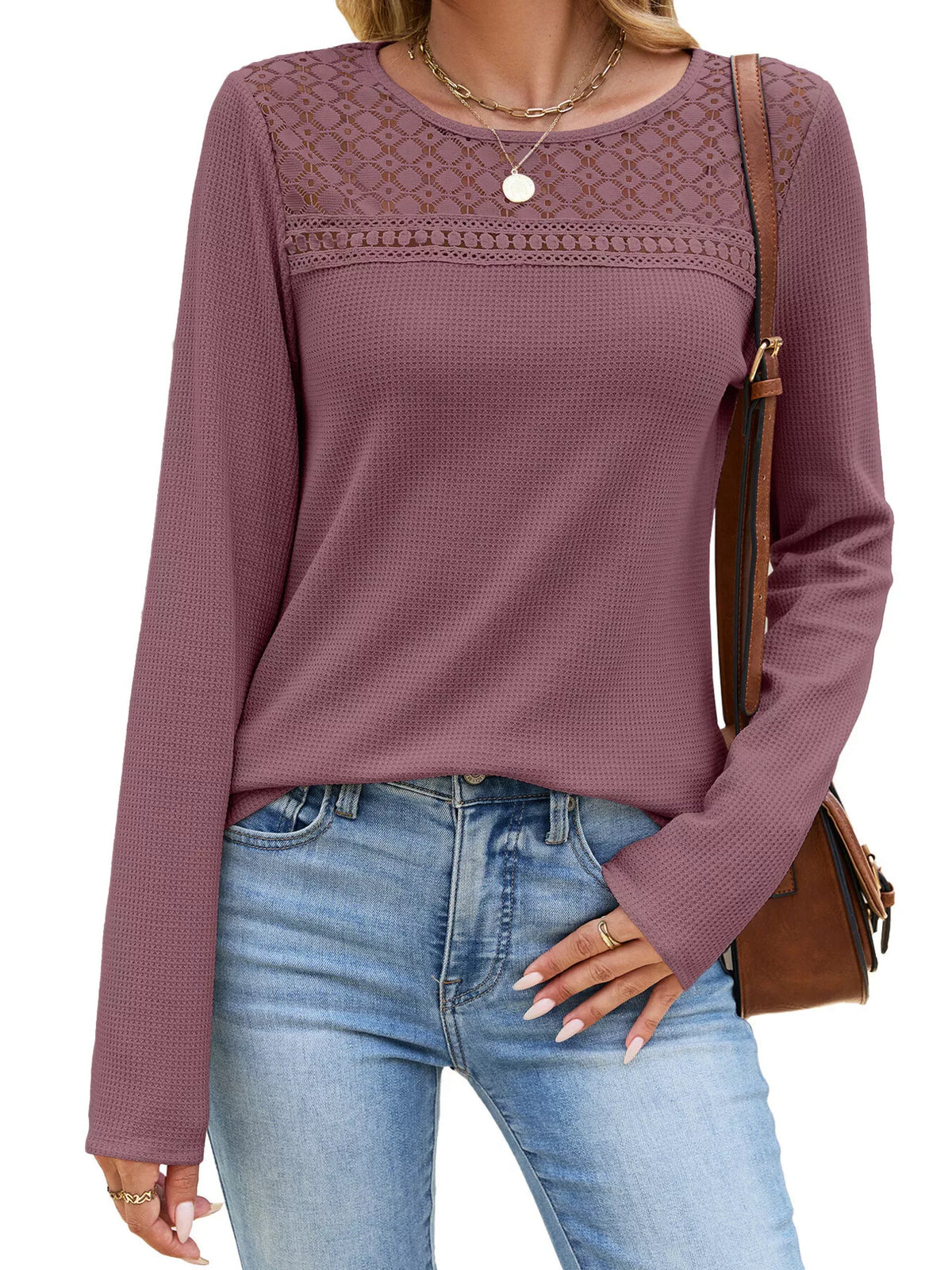 Lace Panel Waffle Knit Long Sleeve T-Shirt