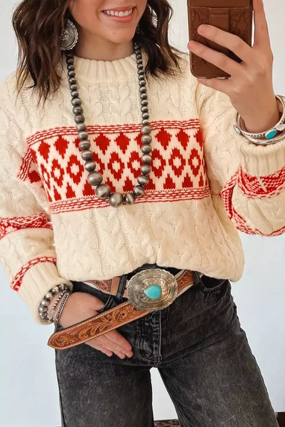 Western Print Round Neck Long Sleeve Shift Sweater in Deep Red
