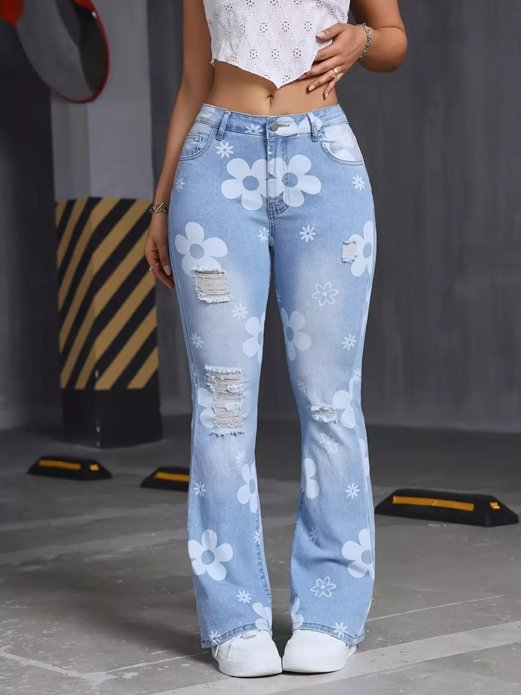 High-Waisted Floral Print Distressed Flare Jeans - Lilixa.store