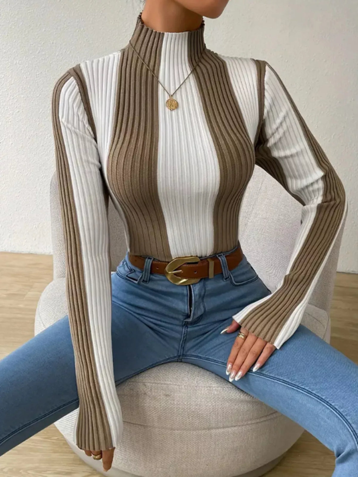 Color Block Turtleneck Ribbed Knit Top - Lilixa.store