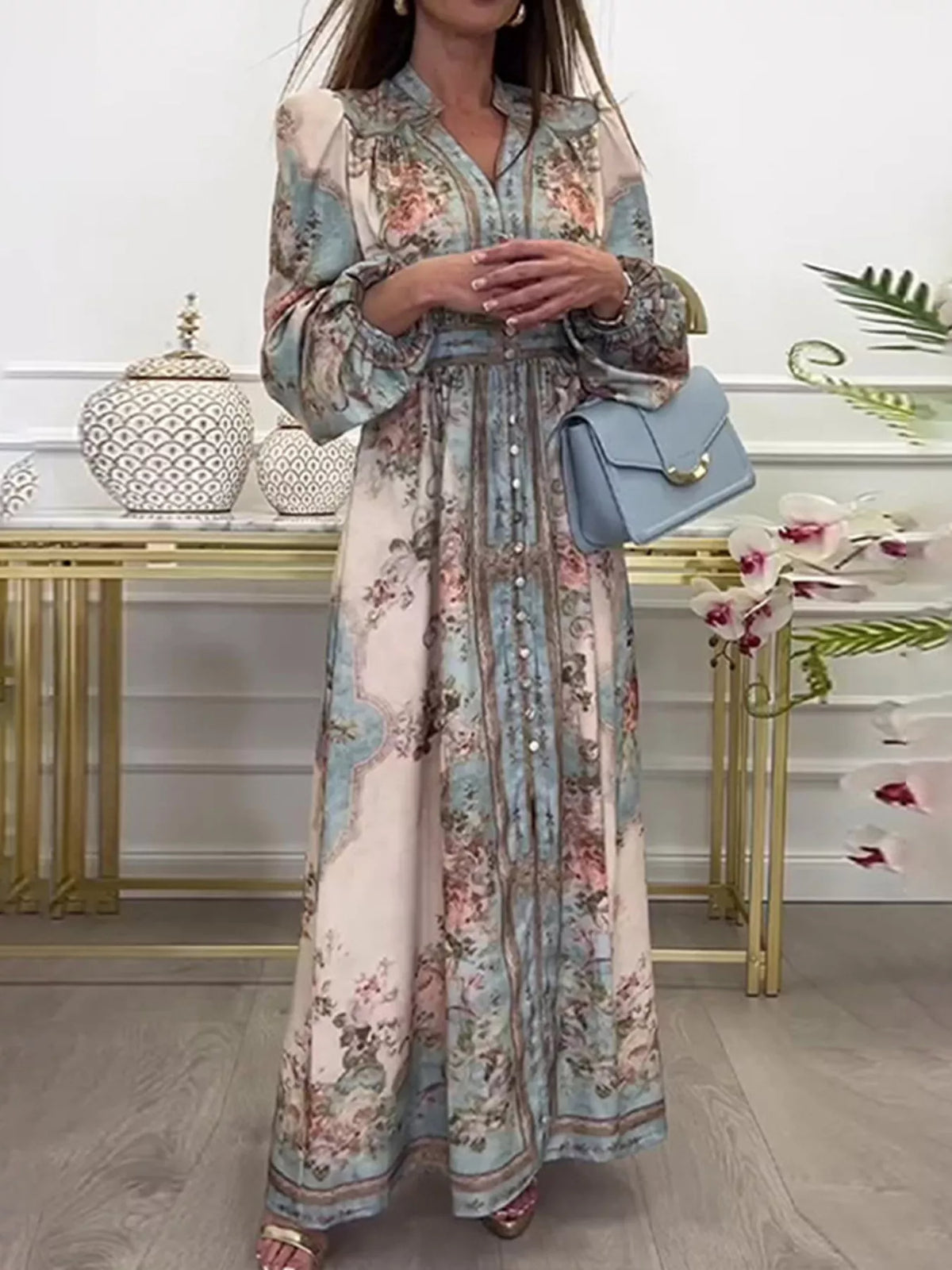 Full Size Floral Print Maxi Dress with Puff Sleeves Plus Size - Lilixa.store