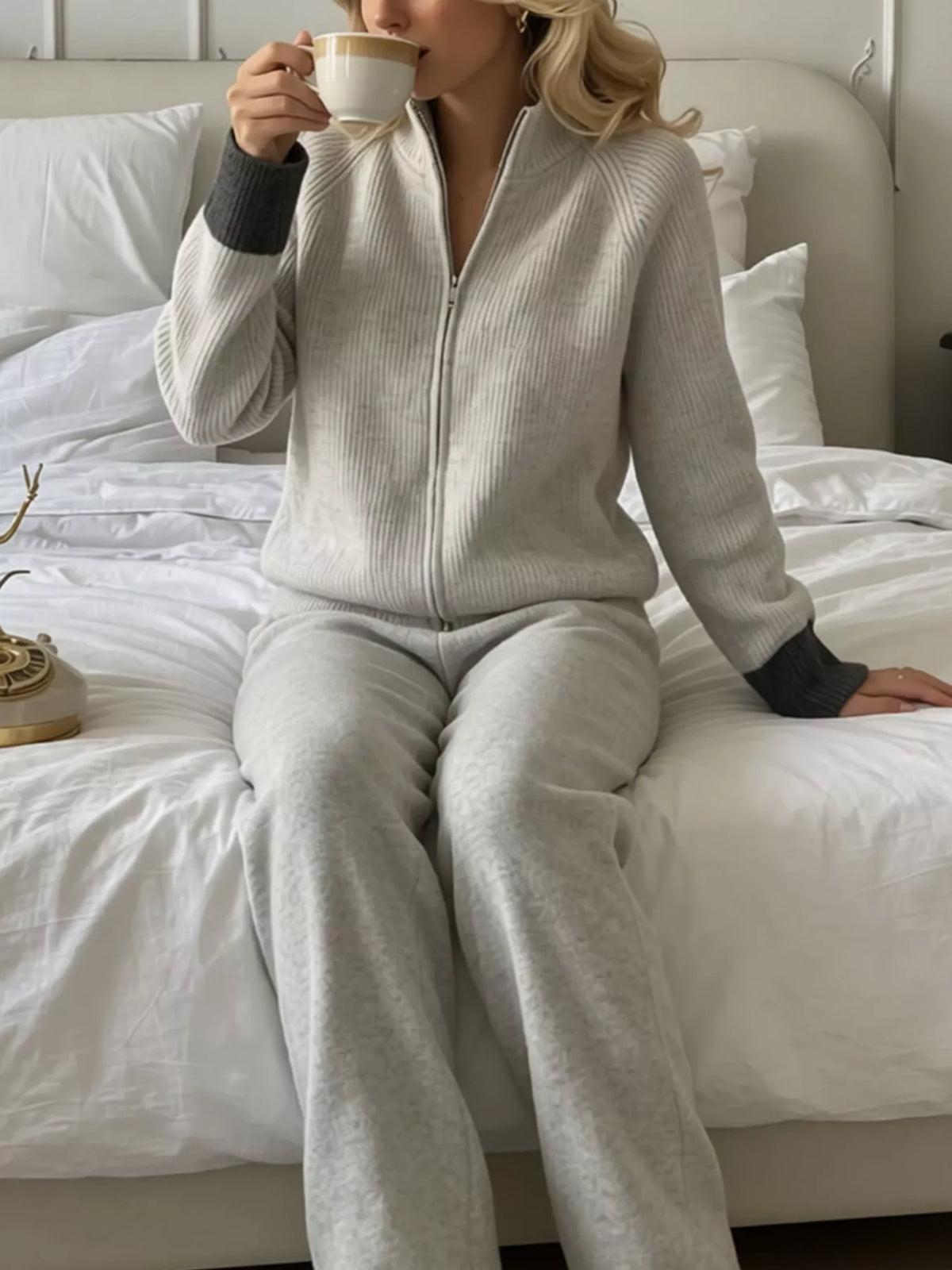 Zip-Up Contrast Cuff Cardigan and Pants Sweater Set, view 3