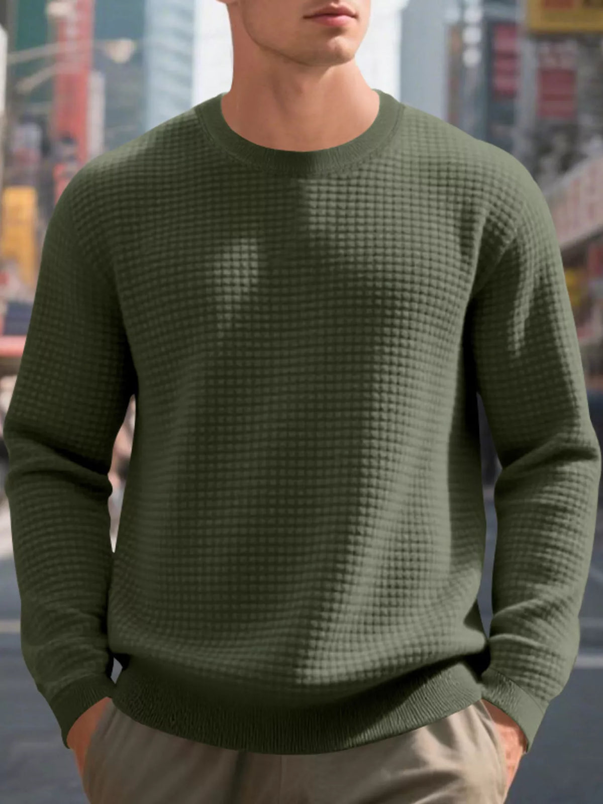 Men's Full Size Classic Waffle-Knit Crew Neck Sweatshirt Plus Size - Lilixa.store