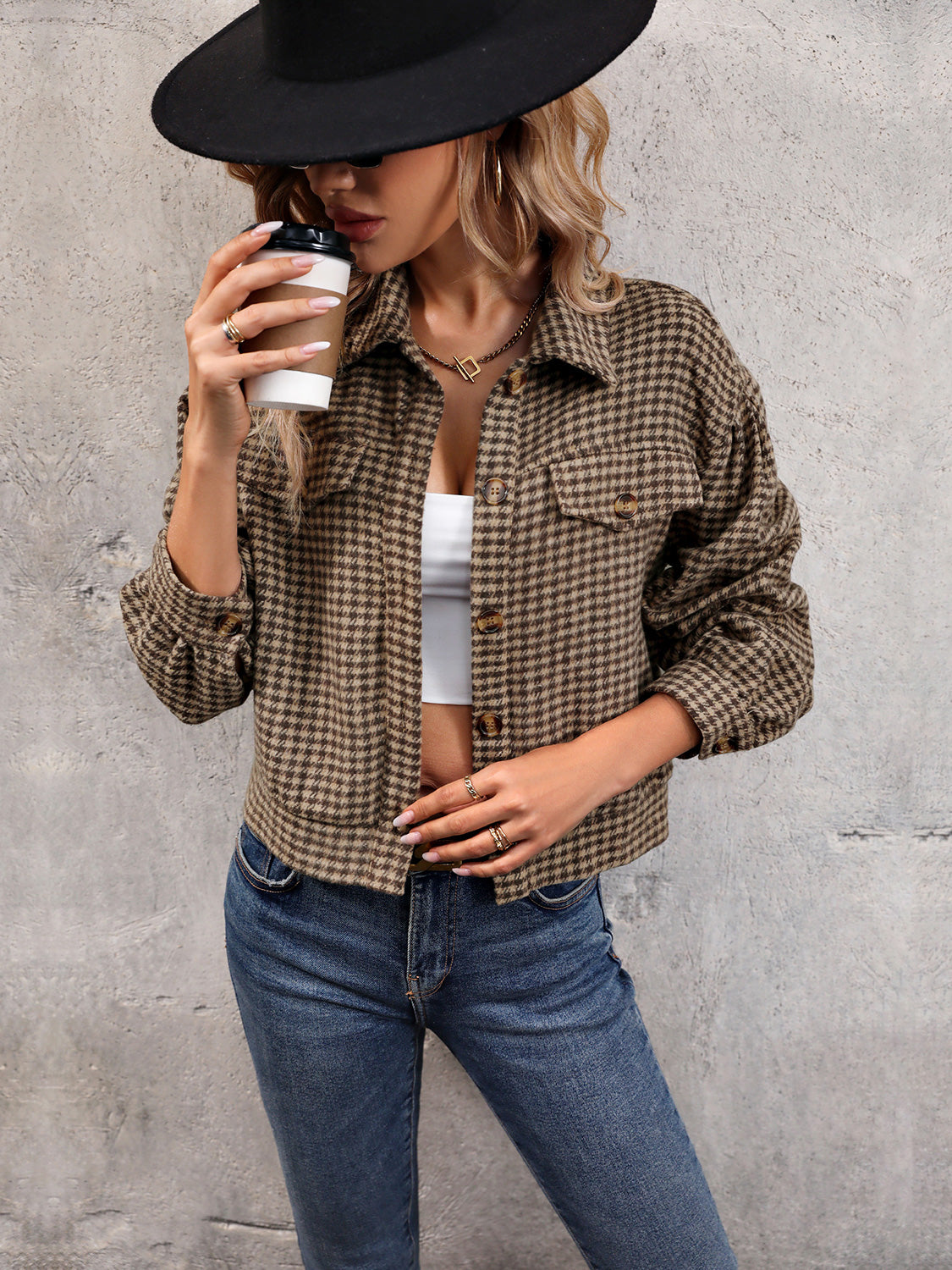 Perfee Houndstooth Collared Neck Button Up Jacket in Taupe, view 5