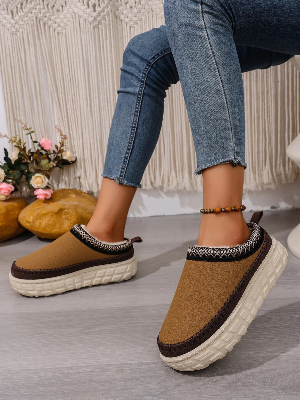 Embroidered Trim Round Toe Platform Boots, view 10