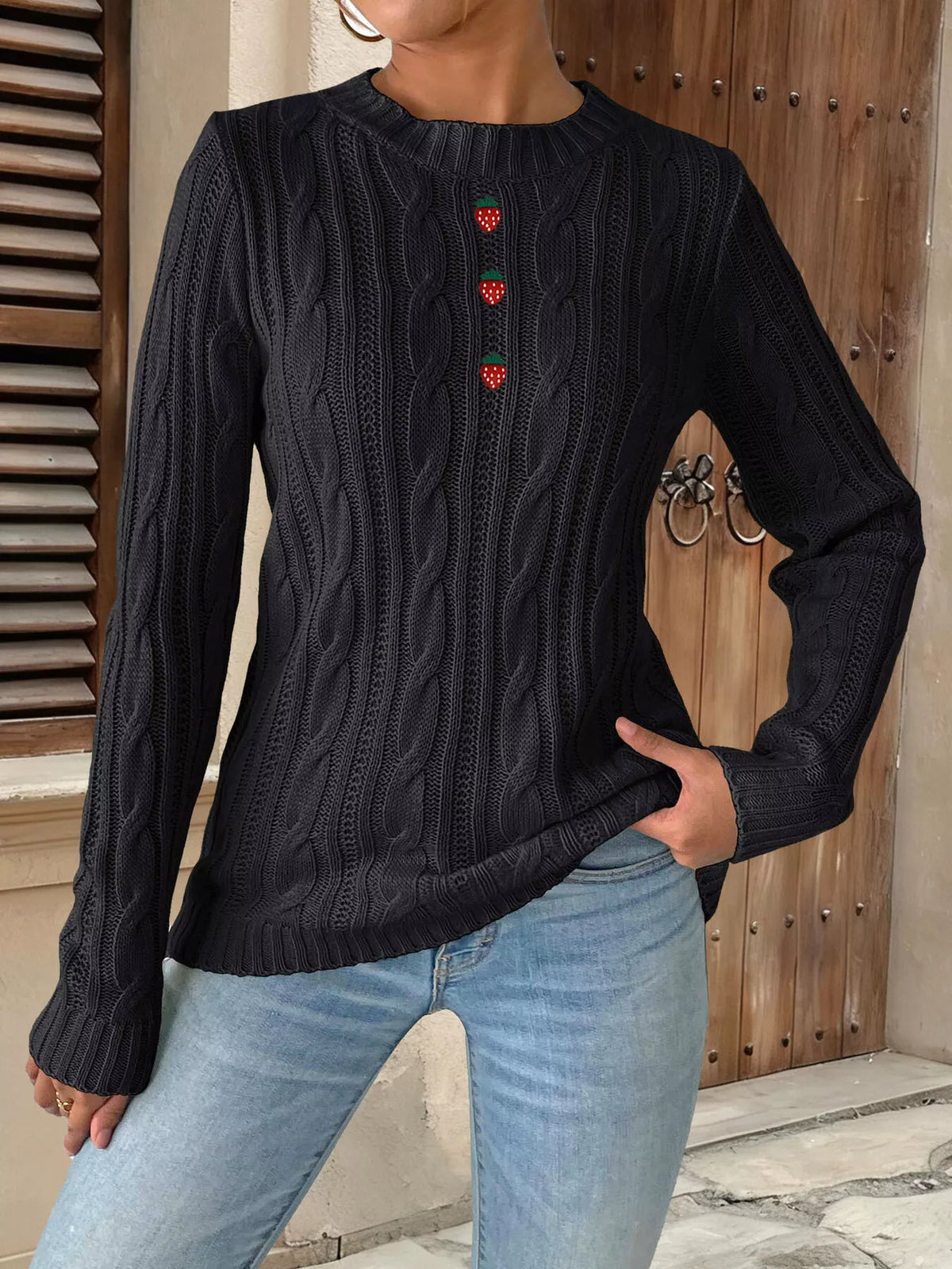 Strawberry Embellished Cable Knit Round Neck Sweater, view 4