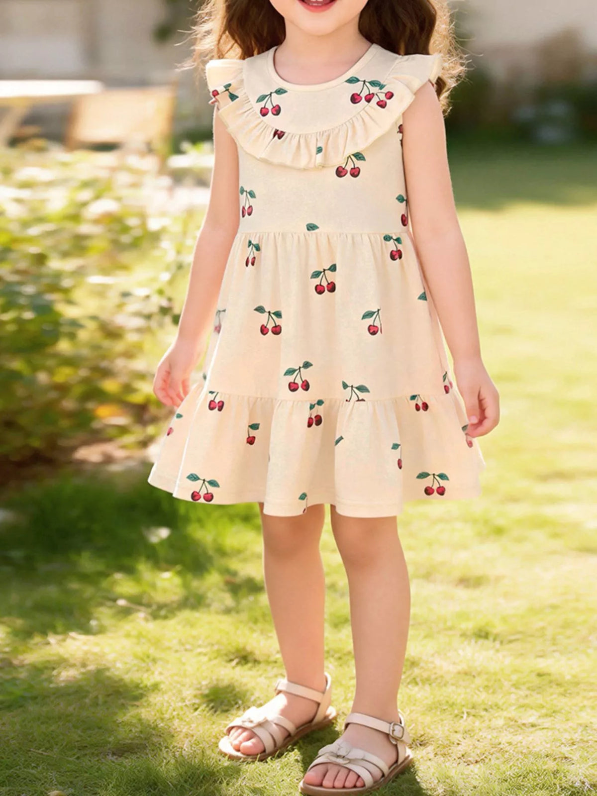 Children's Cherry Print Ruffle Neck Dress - Lilixa.store
