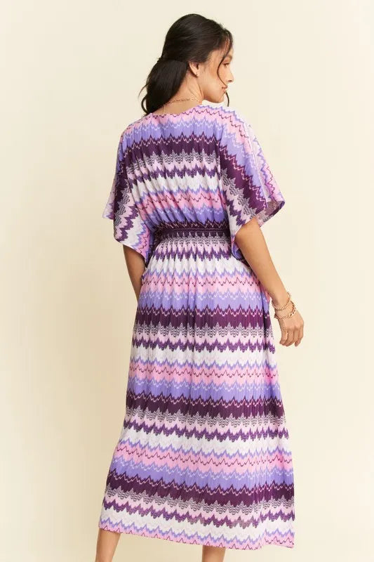 Davi & Dani Multi Color Wavy Tie Waist Flowy Sleeve Dress - Lilixa.store