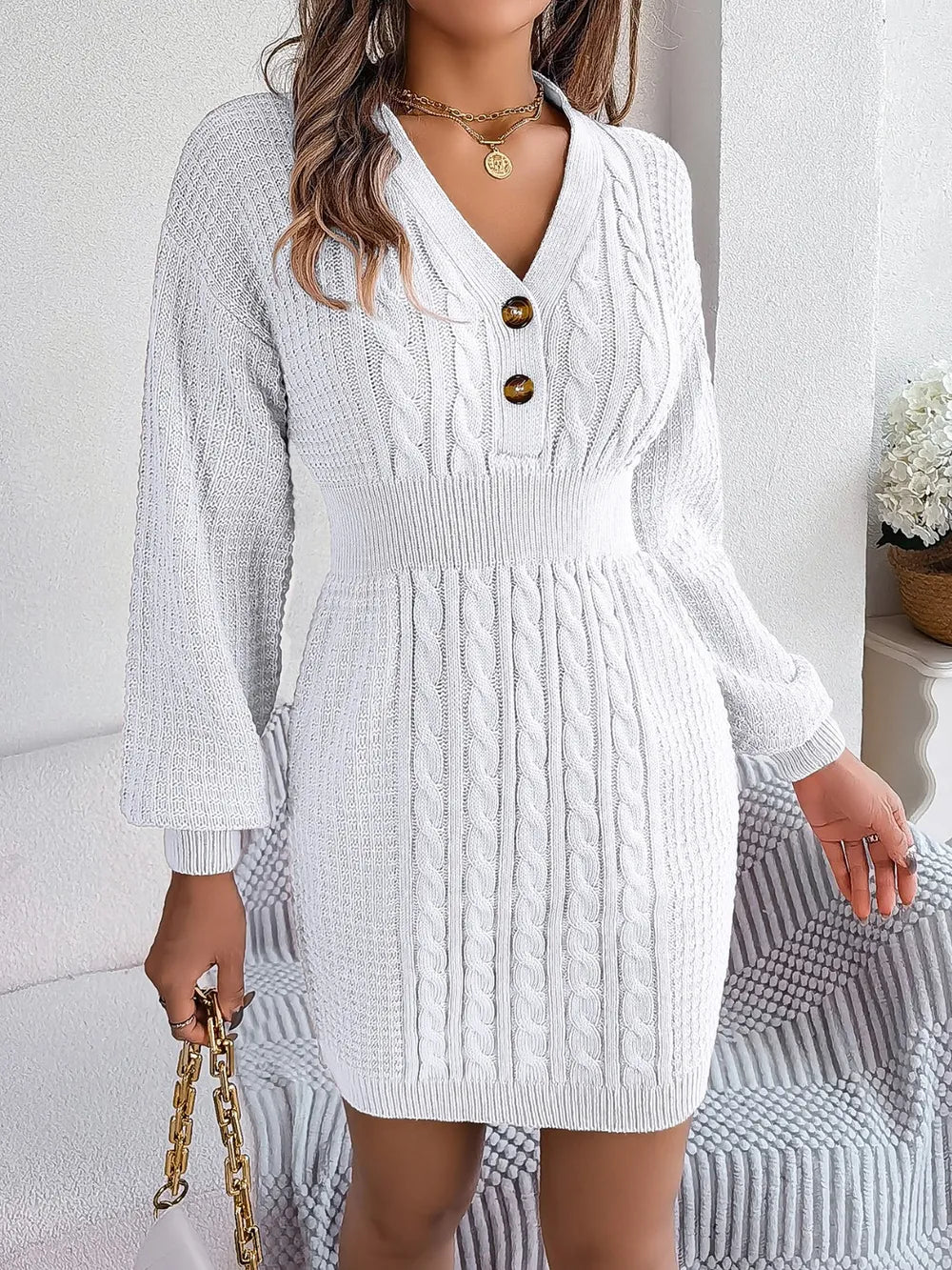 Buttoned Cable-Knit V-Neck Sweater Dress in White