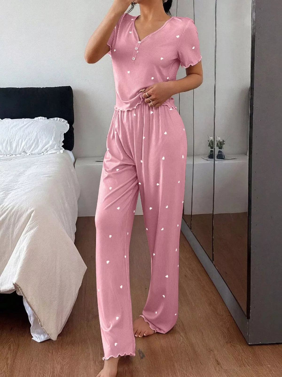 Heart Print Lettuce Trim Top and Pants Loungewear Set