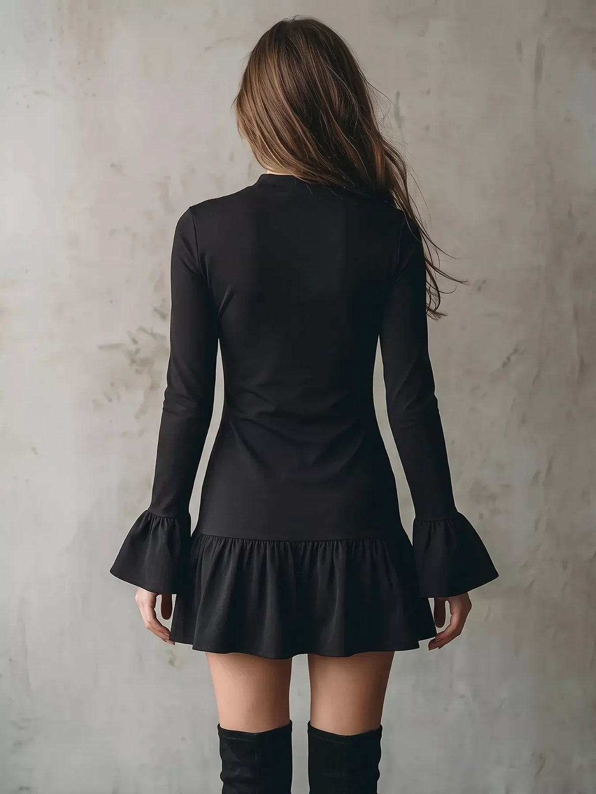 Long-Sleeve Ruffle Hem Mini Dress - Lilixa.store