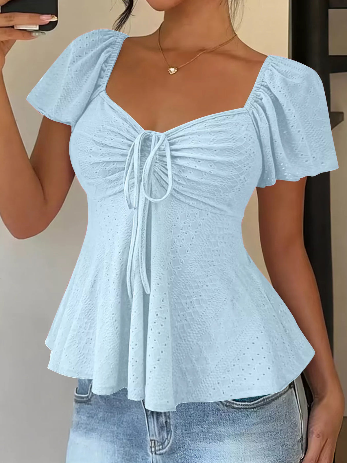 Sweetheart Neck Flutter Sleeve Top - Lilixa.store