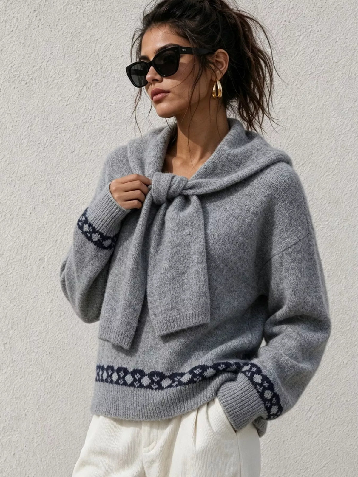 Scarf Detail Dropped Shoulder Sweater in Gray