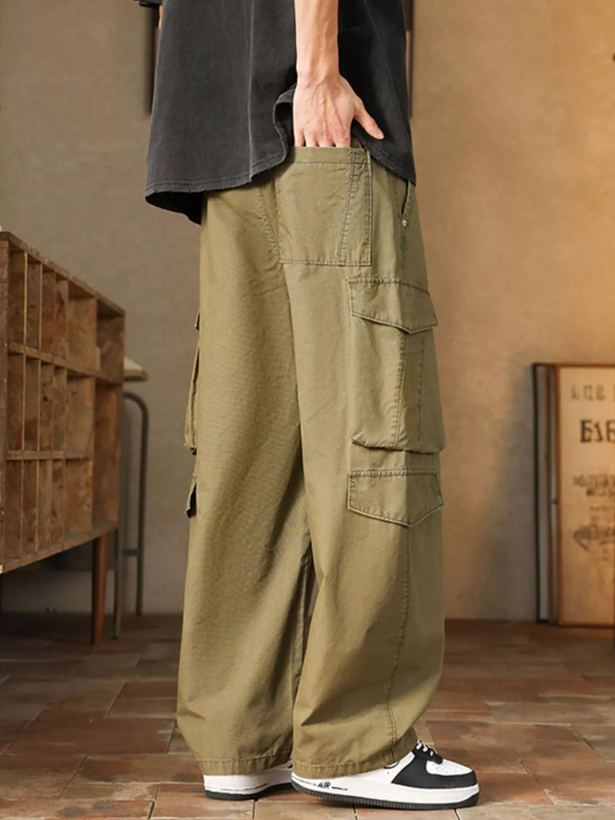 Men's Plus Size Loose Fit Cargo Pants with Drawstring, view 8