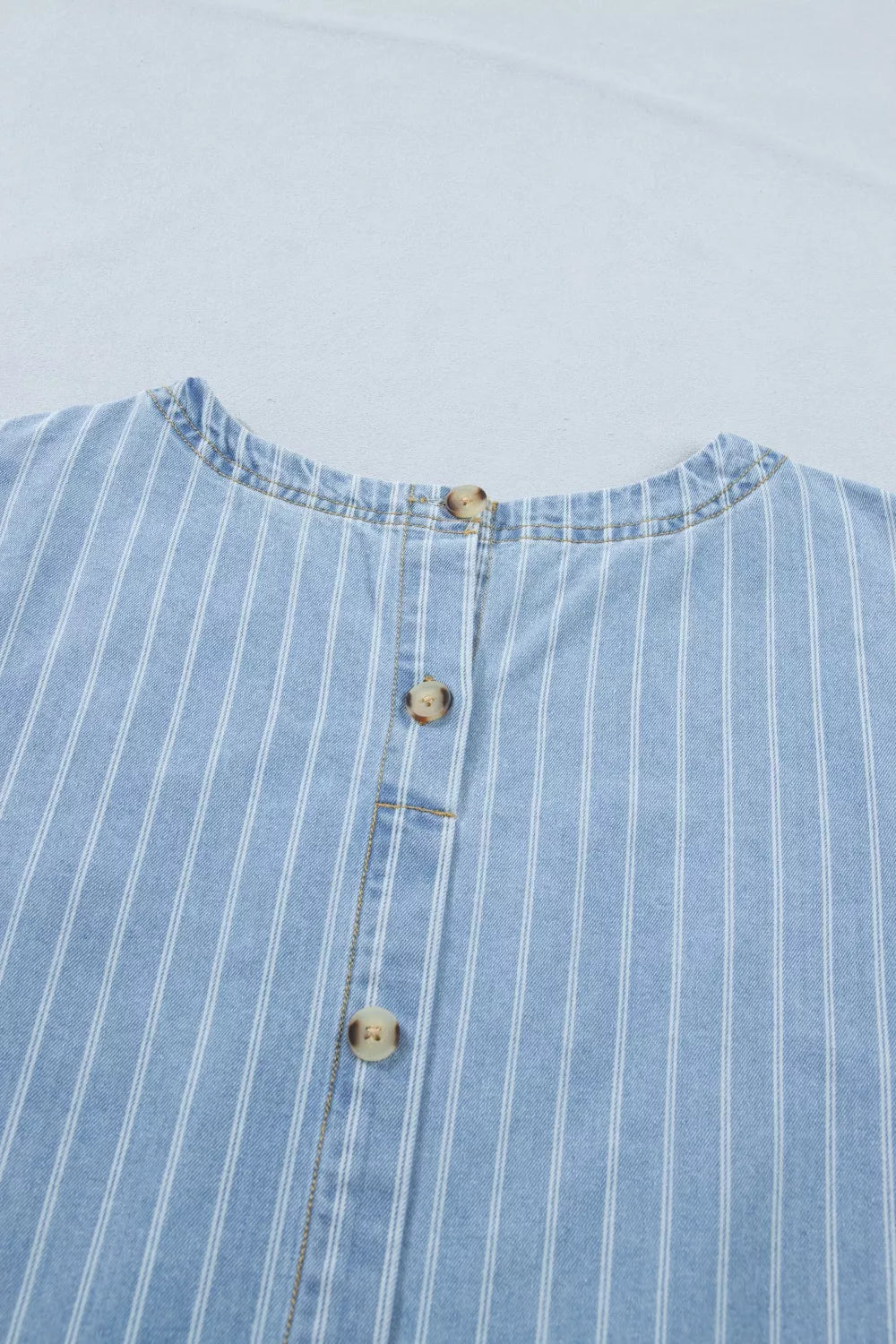 Stripe Buttoned Back T-Shirt Denim Mini Dress in Light Blue, view 9