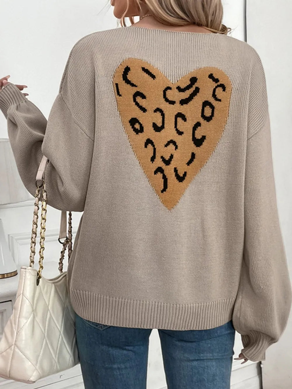 Perfee Tied Contrast Heart V-Neck Long Sleeve Cardigan - Lilixa.store