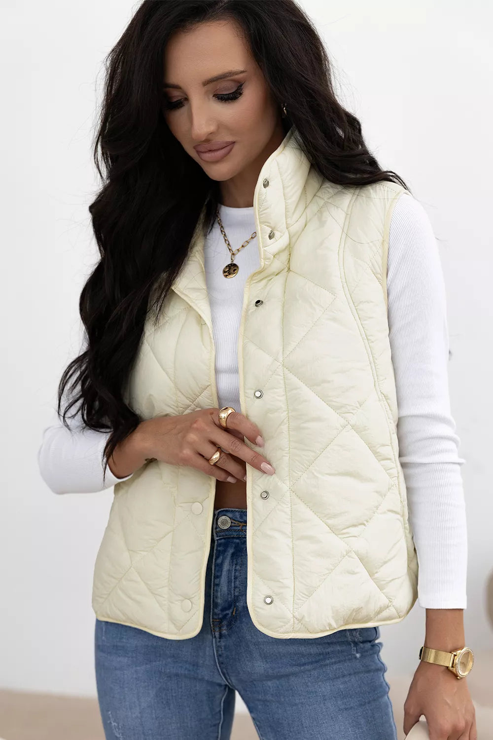 Snap Down Texture Vest Coat with Pockets, view 2