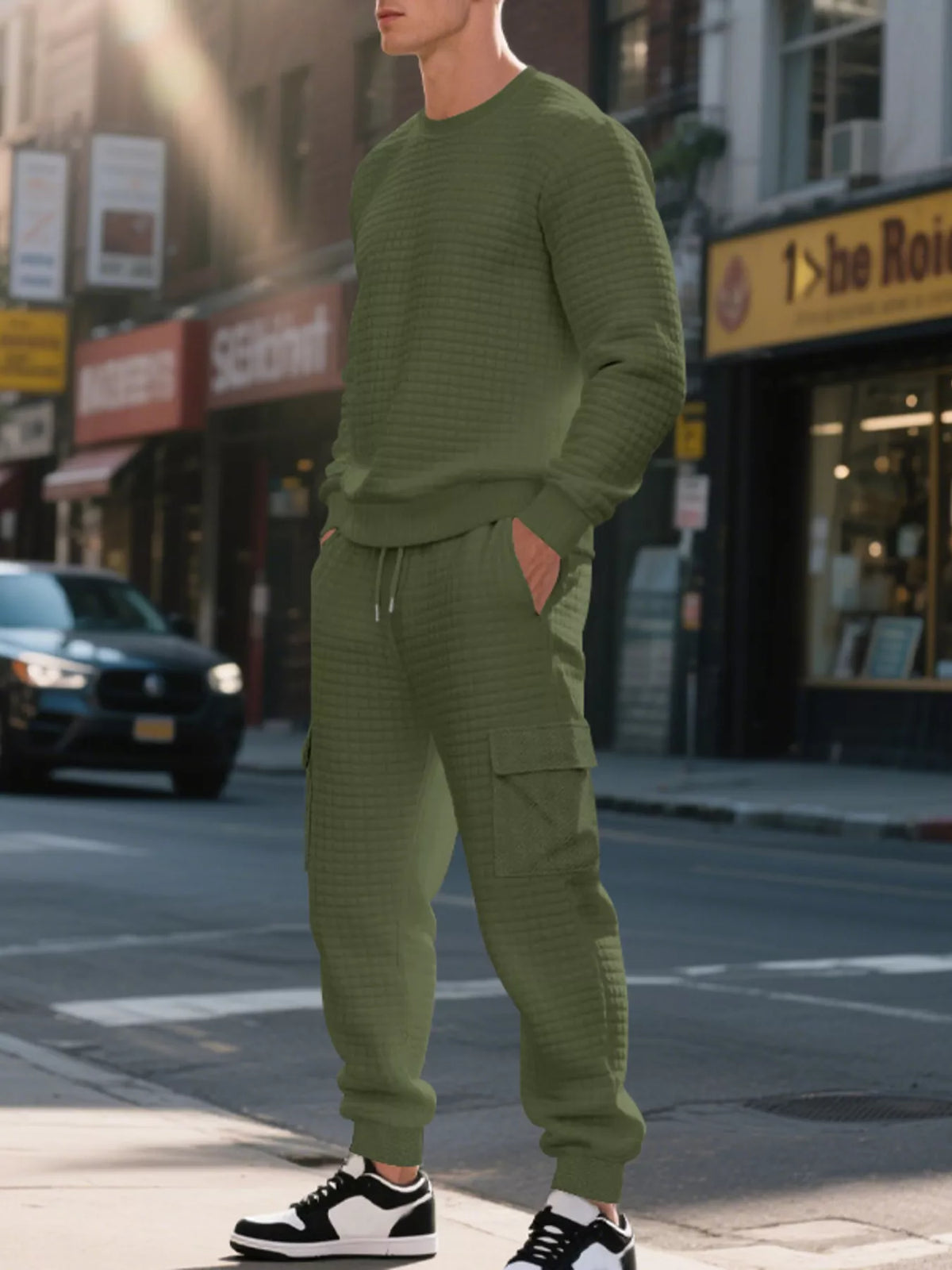 Men's Plus Size Waffle Knit Textured Crewneck Sweatshirt and Jogger Set - Lilixa.store