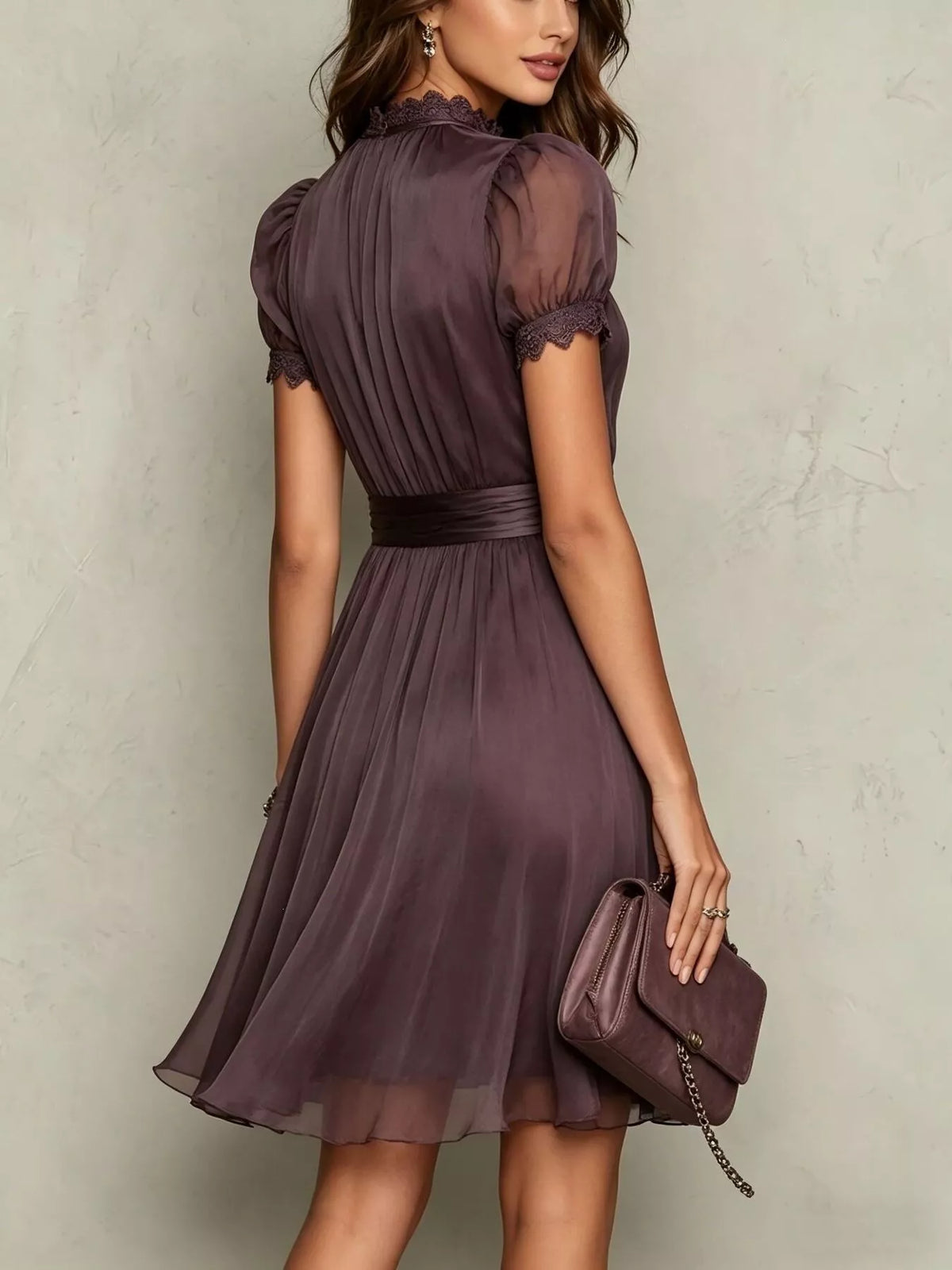 Full Size Lace Trim Puff Sleeve A-Line Dress Plus Size - Lilixa.store