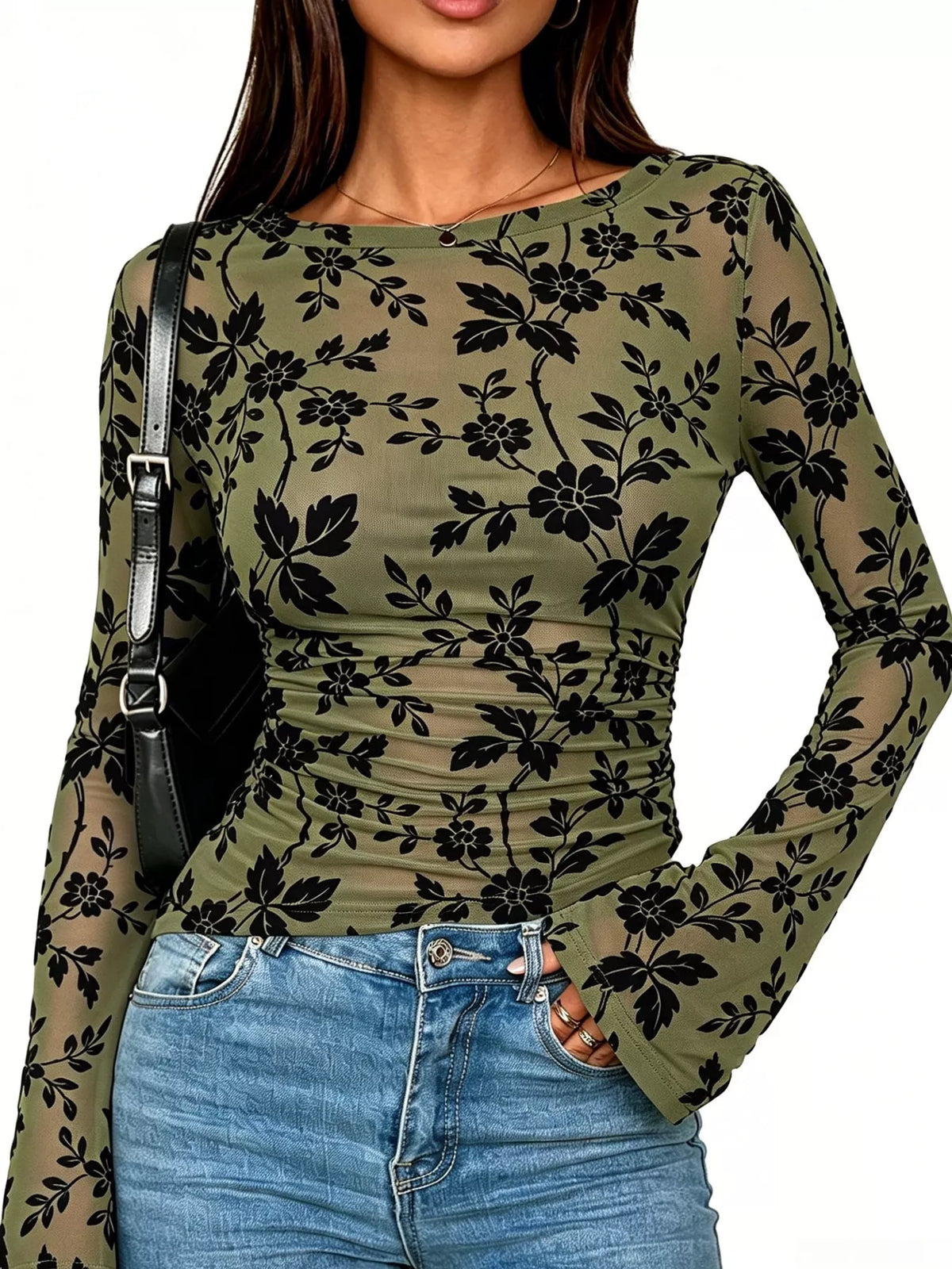 Slim Fit Floral Print Long Sleeve Top in Green