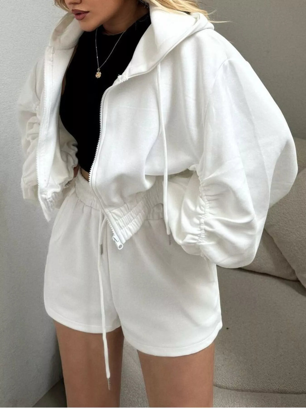 Zip-Up Jacket and High-Waisted Drawstring Shorts Set - Lilixa.store