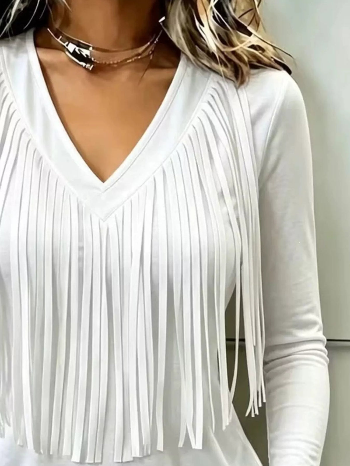 Fringe V-Neck Long Sleeve T-Shirt - Lilixa.store