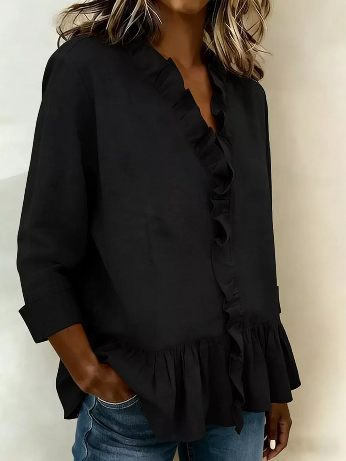 Full Size Ruffled V-Neck Long Sleeve Blouse Plus Size - Lilixa.store