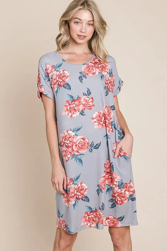 BOMBOM Floral Round Neck Short Tee Dress with Pockets - Lilixa.store
