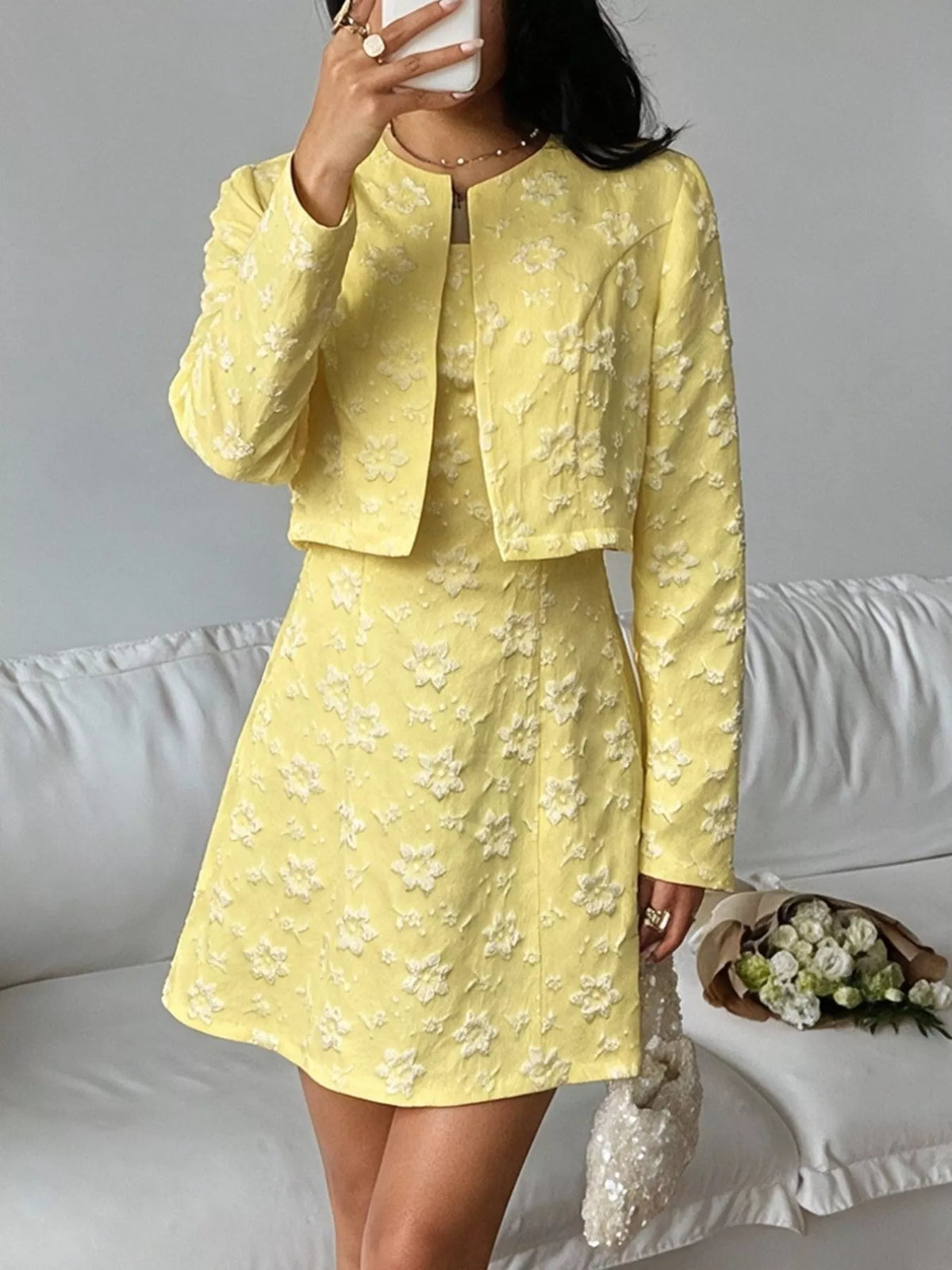 Textured Cropped Dress and Cardigan Two-Piece Set