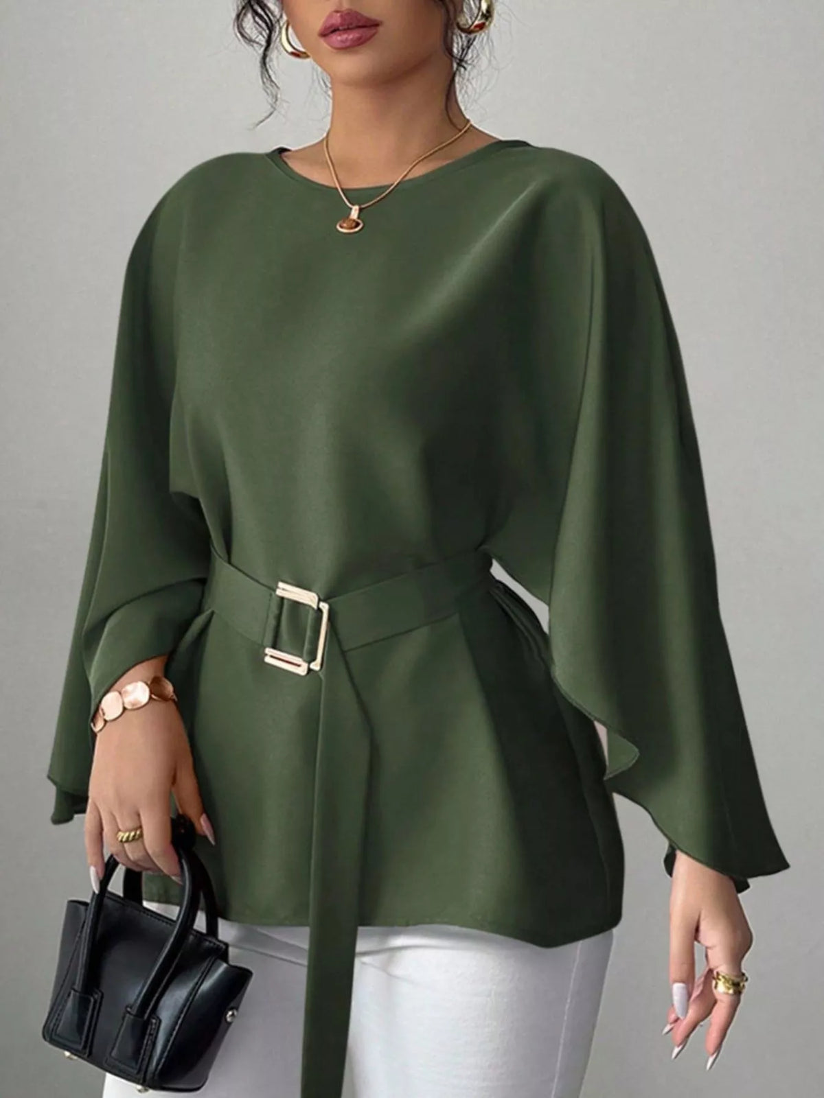 Round Neck Belt Batwing Sleeve Blouse - Lilixa.store