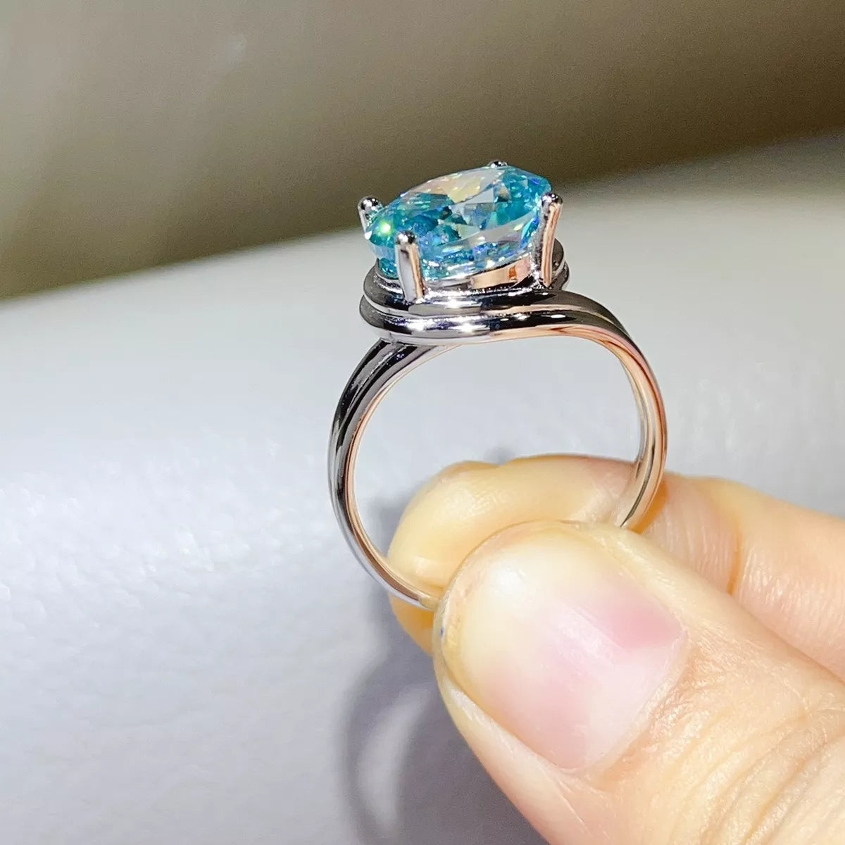 5 Carat 925 Sterling Silver Moissanite Ring in Pastel Blue, view 3