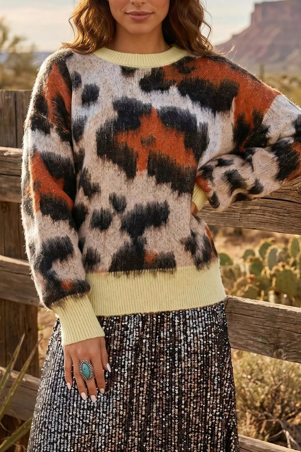 Leopard Print Drop Shoulder Long Sleeve Round Neck Sweater - Lilixa.store