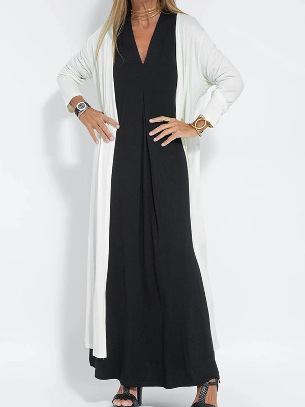 Full Size Open Front Side Slit Longline Cardigan Plus Size in White