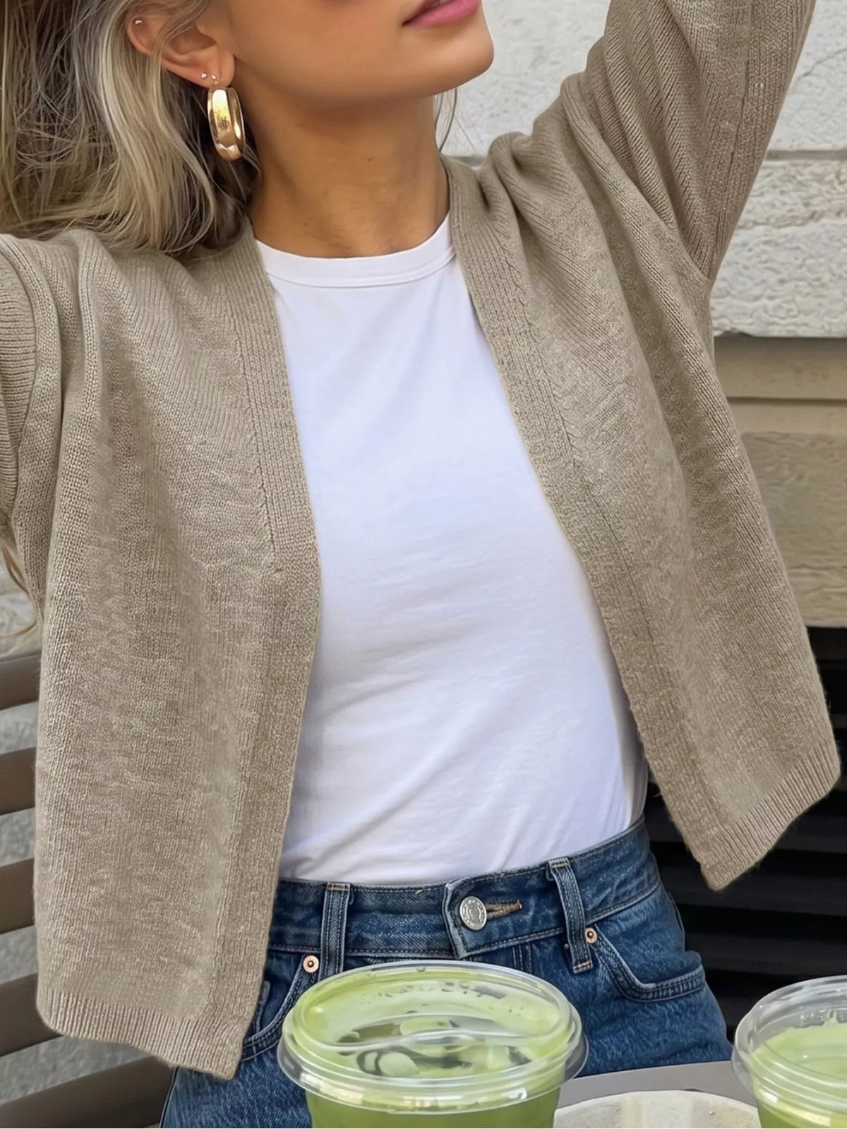 Open-Front Knit Cardigan in Khaki, view 2