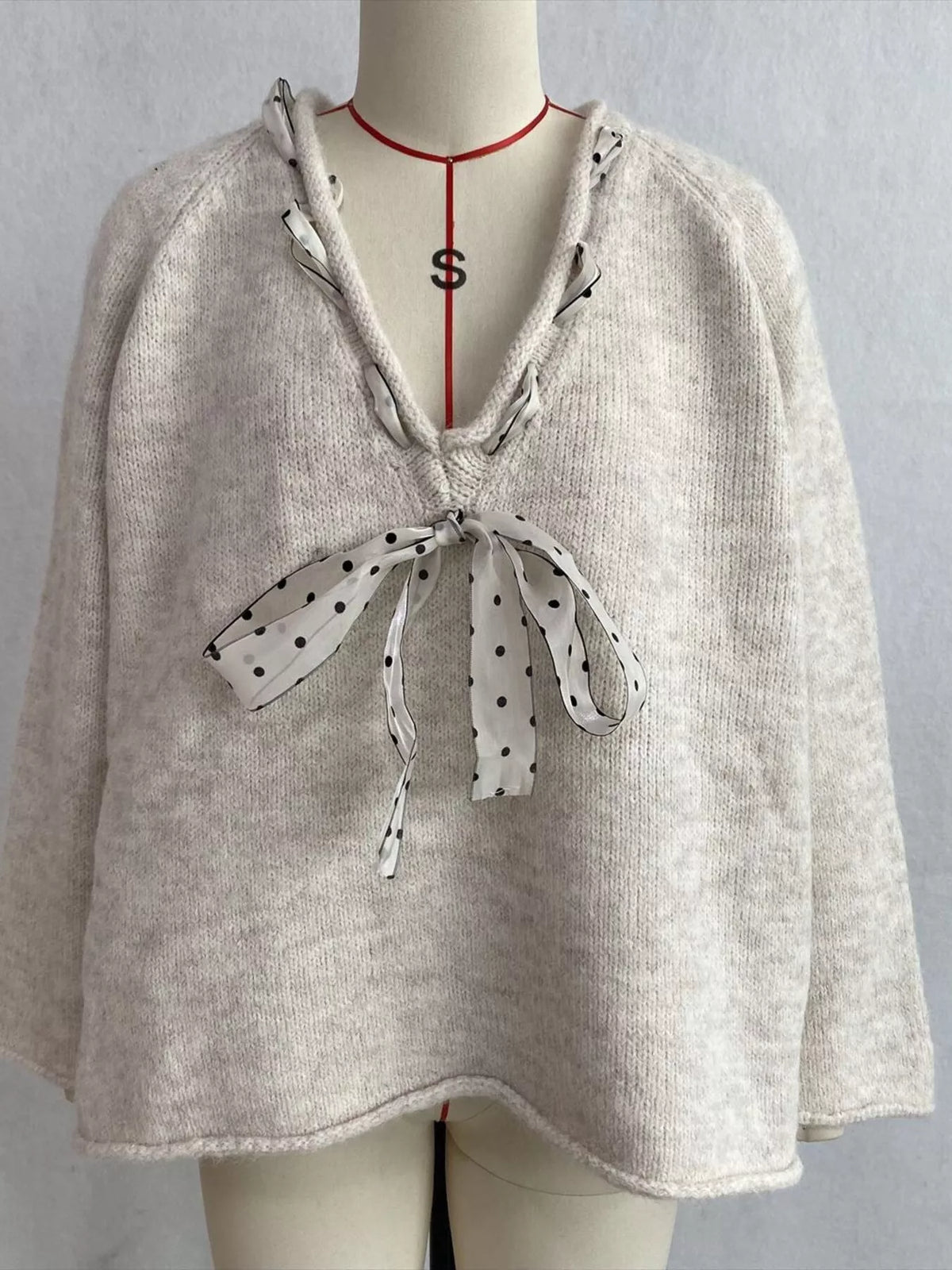 Chic V-Neck Sweater with Polka Dot Ribbon Tie, view 5