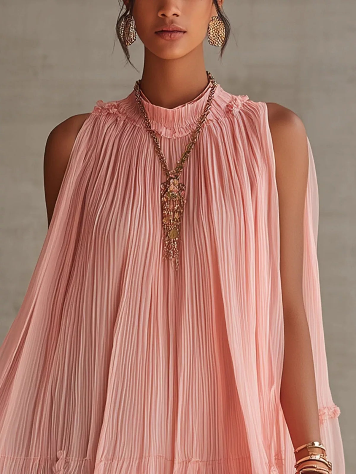 Pleated Mock Neck Sleeveless Mini Dress - Lilixa.store