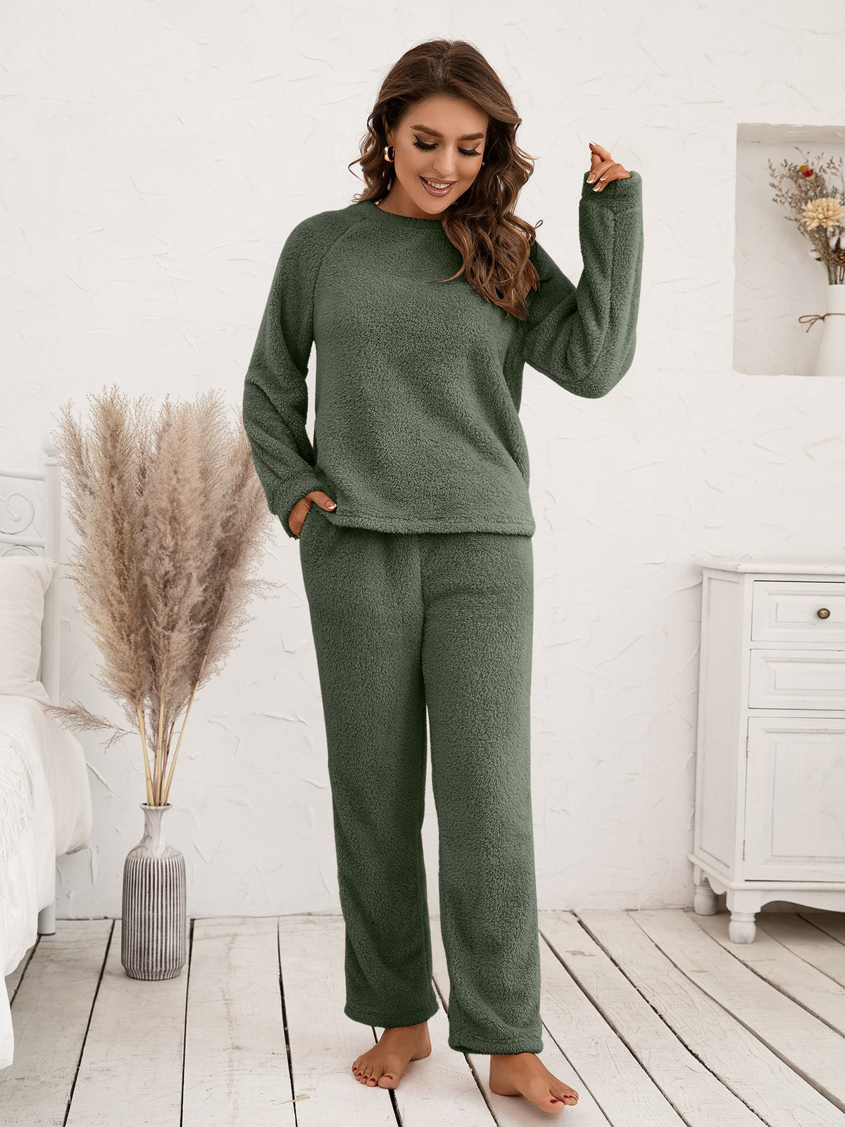 Ivy Lane Teddy Long Sleeve Top and Pants Lounge Set - Lilixa.store