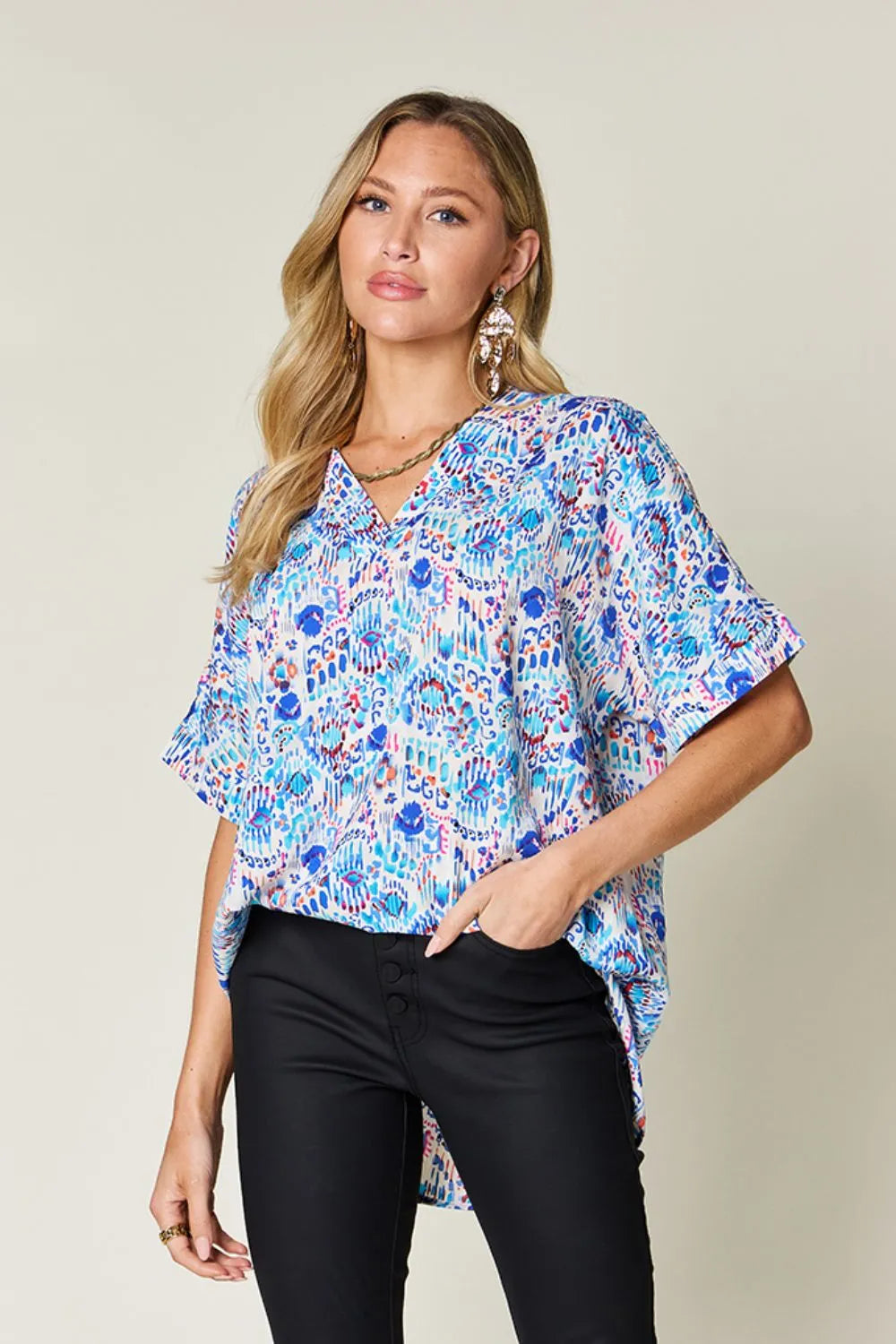 Double Take Full Size Printed V-Neck Short Sleeve Blouse - Lilixa.store