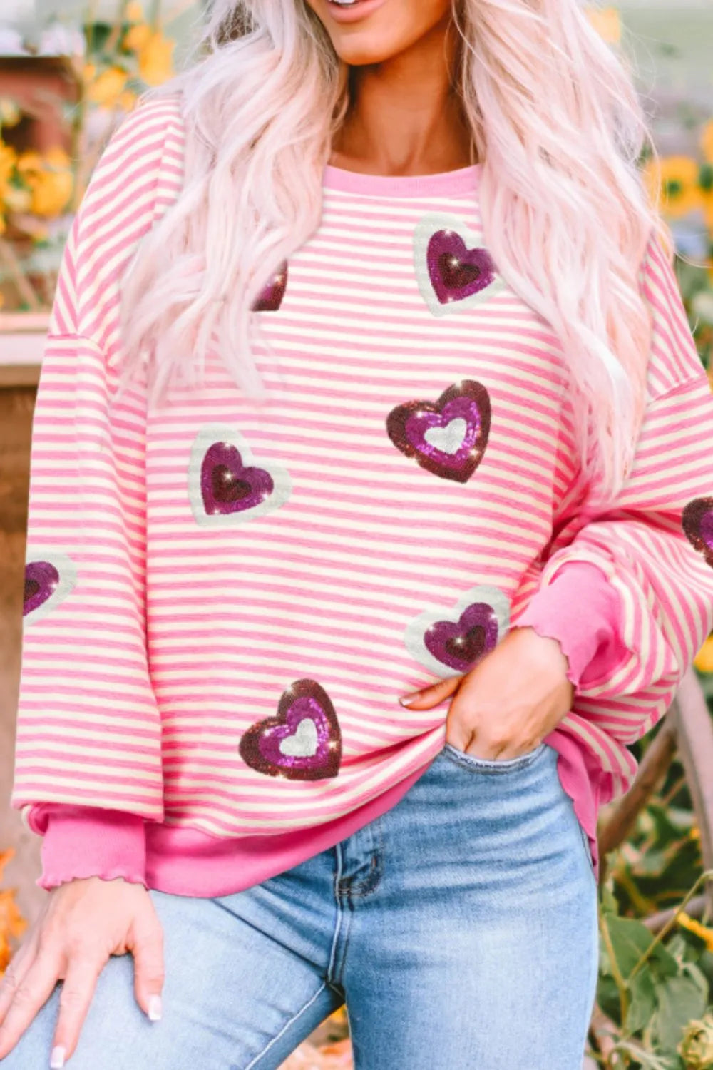 Valentine’s Day Sequin Heart Striped Round Neck Long Sleeve Sweatshirt - Lilixa.store