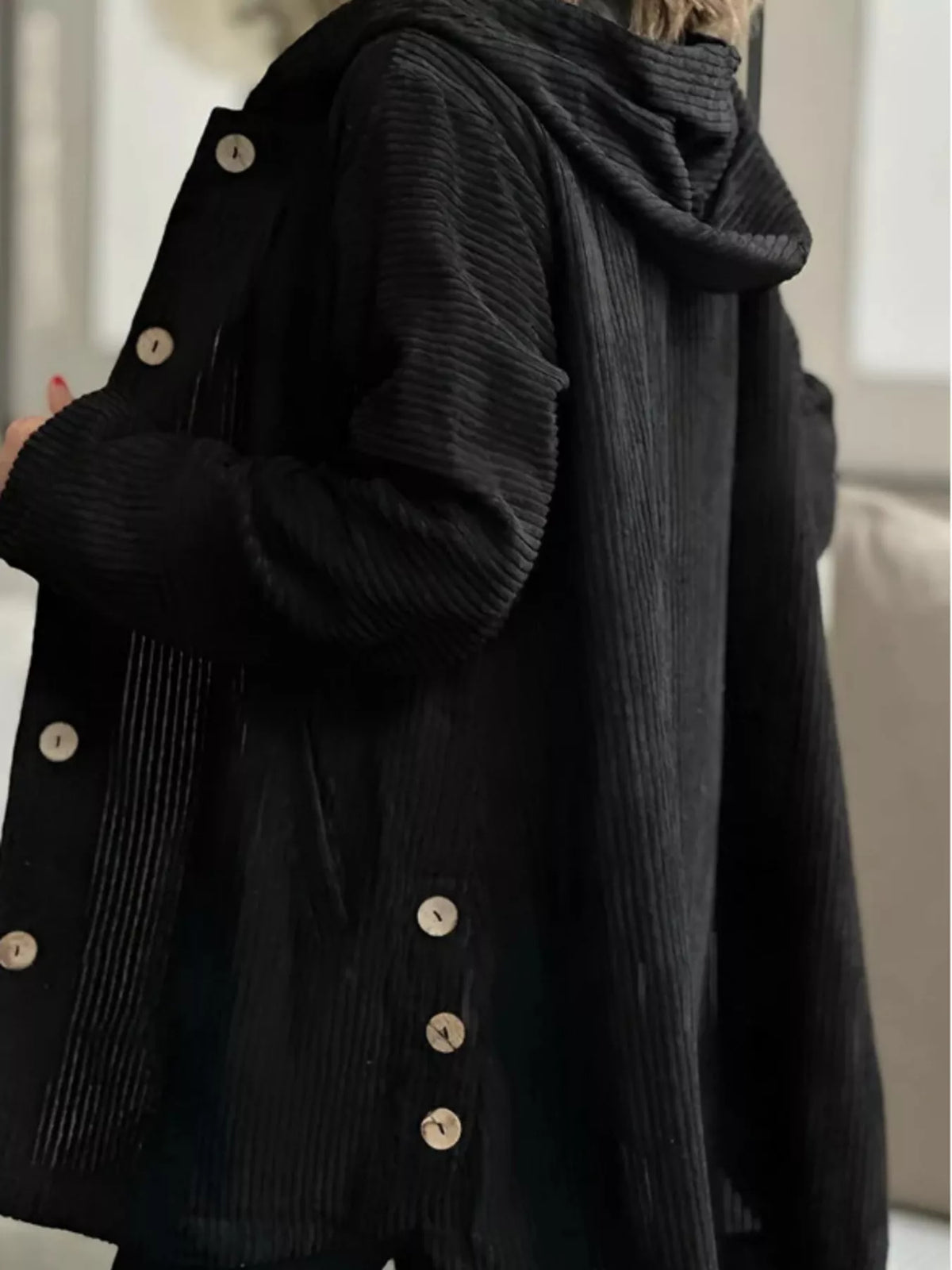 Full Size Corduroy Button Up Hooded Jacket Plus Size, view 11