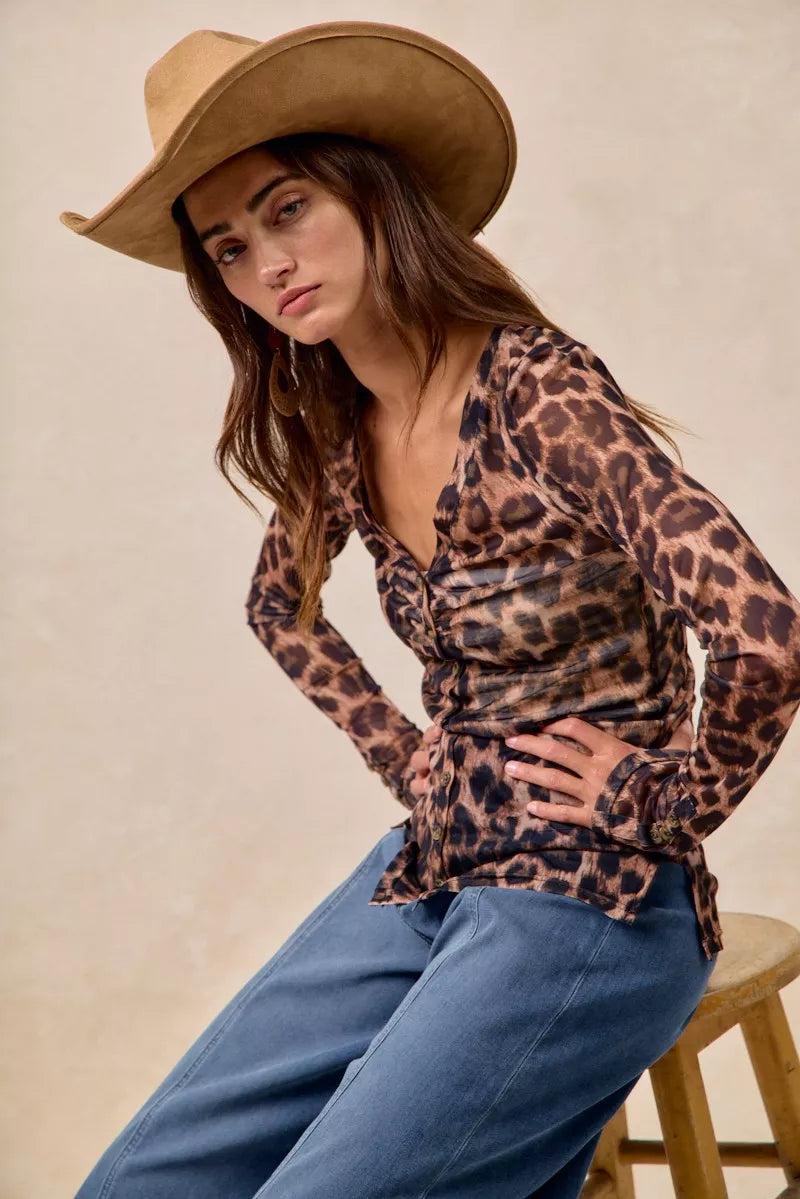 BiBi Leopard Printed Mesh Shirt With Button Up V Neck - Lilixa.store
