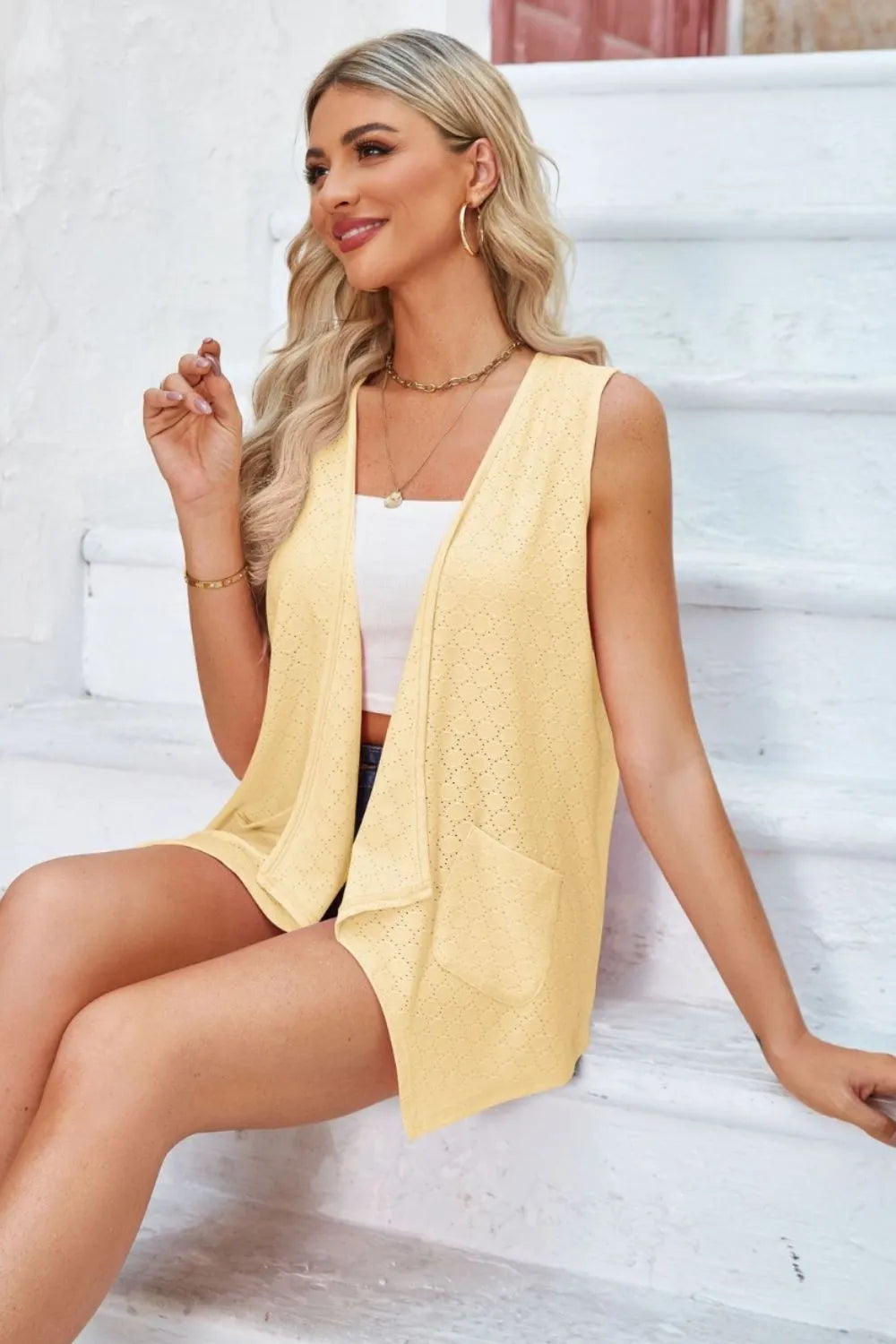 Eyelet Open Front Sleeveless Cardigan - Lilixa.store
