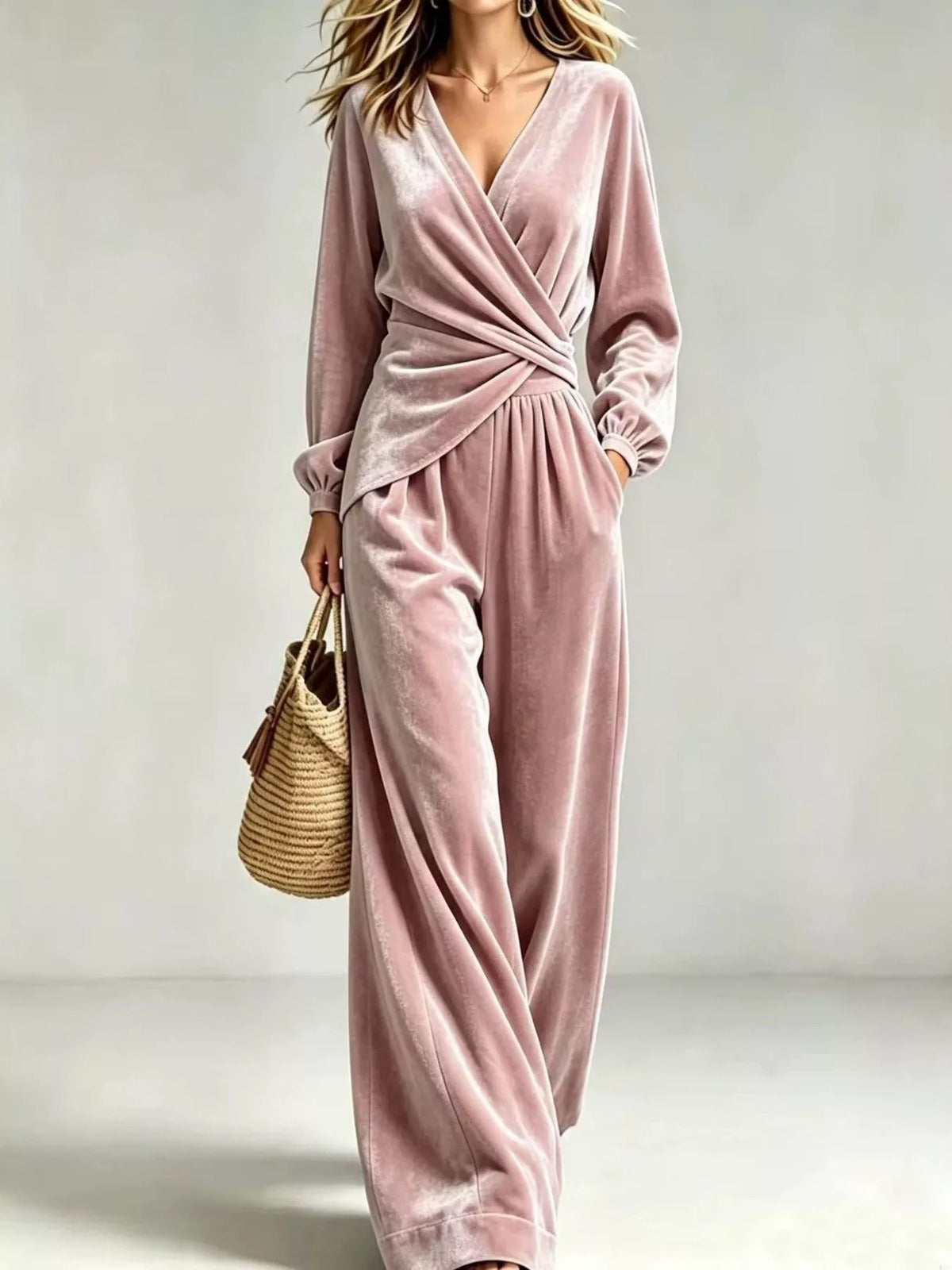 Velvet Wrap-Front Top and Pants Set - Lilixa.store