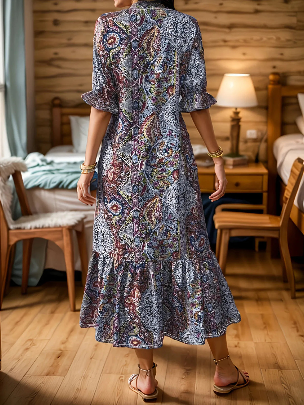 Full Size Bohemian Paisley Print Ruffle Hem Midi Dress Plus Size - Lilixa.store