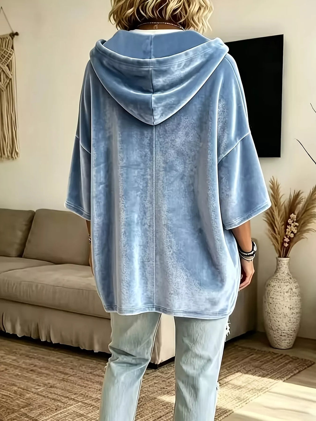 Full Size Velvet 3/4 Sleeve Hoodie with Kangaroo Pocket Plus Size - Lilixa.store