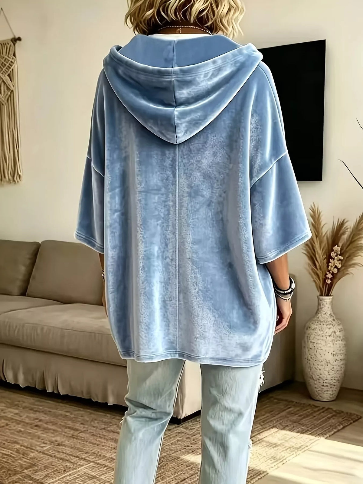 Full Size Velvet 3/4 Sleeve Hoodie with Kangaroo Pocket Plus Size - Lilixa.store